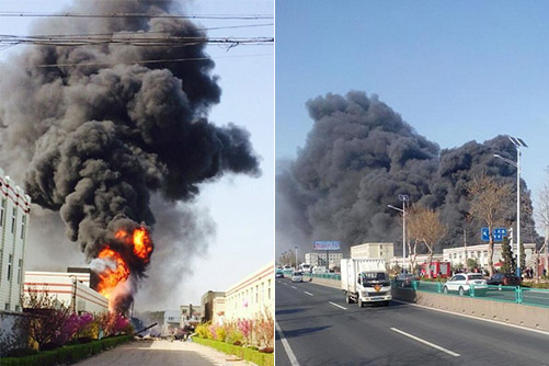 即墨一毛毯廠疑似爆炸 濃煙遮天