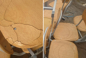 黃島現(xiàn)紙殼課桌椅 雨淋后即開裂