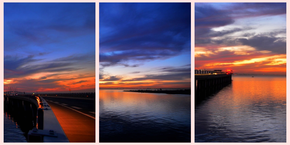 火燒云戀上青島 曬膠州灣黃昏魔幻大片