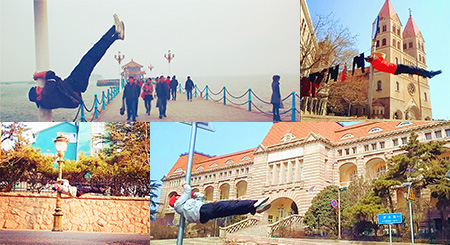 健身達人是這樣玩轉青島路燈桿的