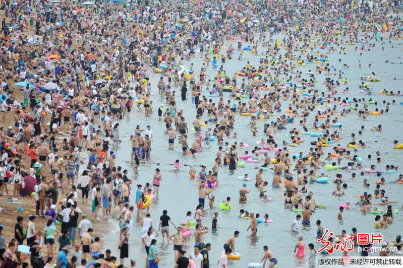 立秋后青島多日超30℃ 海水浴場現(xiàn)密集“下餃子”