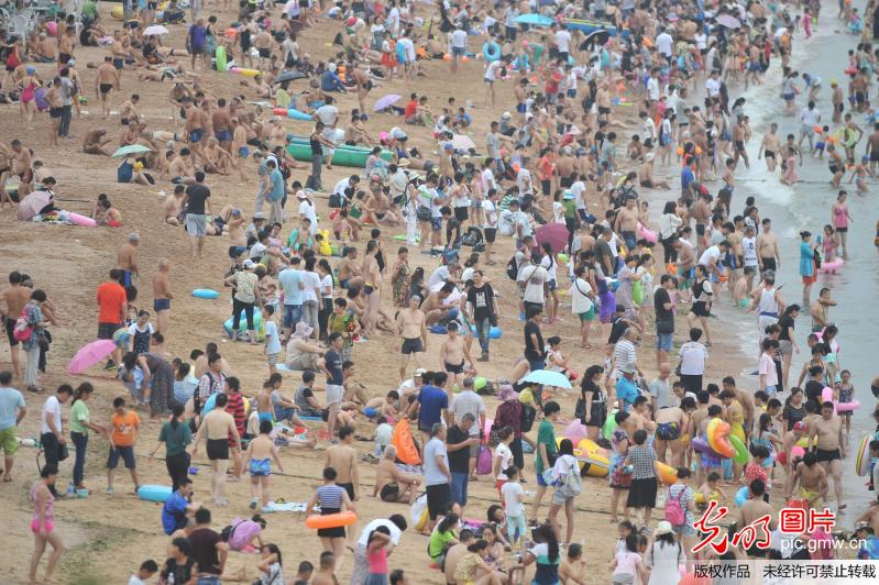 立秋后青島多日超30℃ 海水浴場現(xiàn)密集“下餃子”