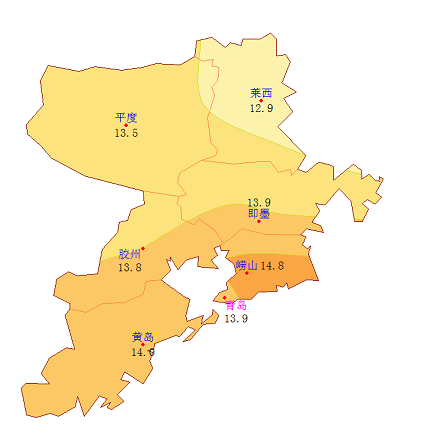 0℃,比上年偏高0.1℃(图1.3).各区市平均气温在12.9℃(莱西)～14.