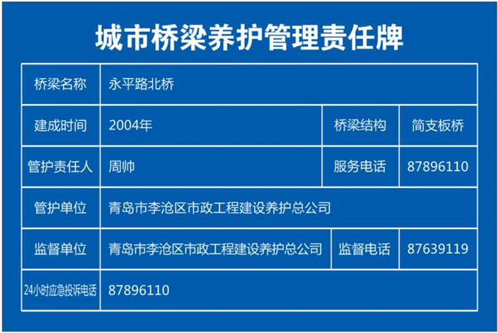 新安装的"城市桥梁养护管理责任牌"按照规范设定